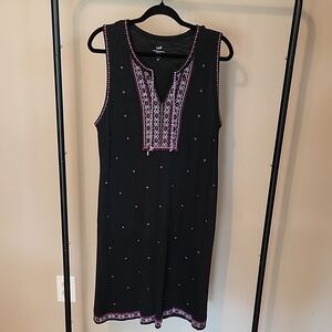 J. Jill | Black Sleeveless Dress with Pink Embroidery